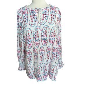 Talbots Blouse Paisley Smocked Long Sleeves Tie Ruffle Peasant Boho Casual 1X